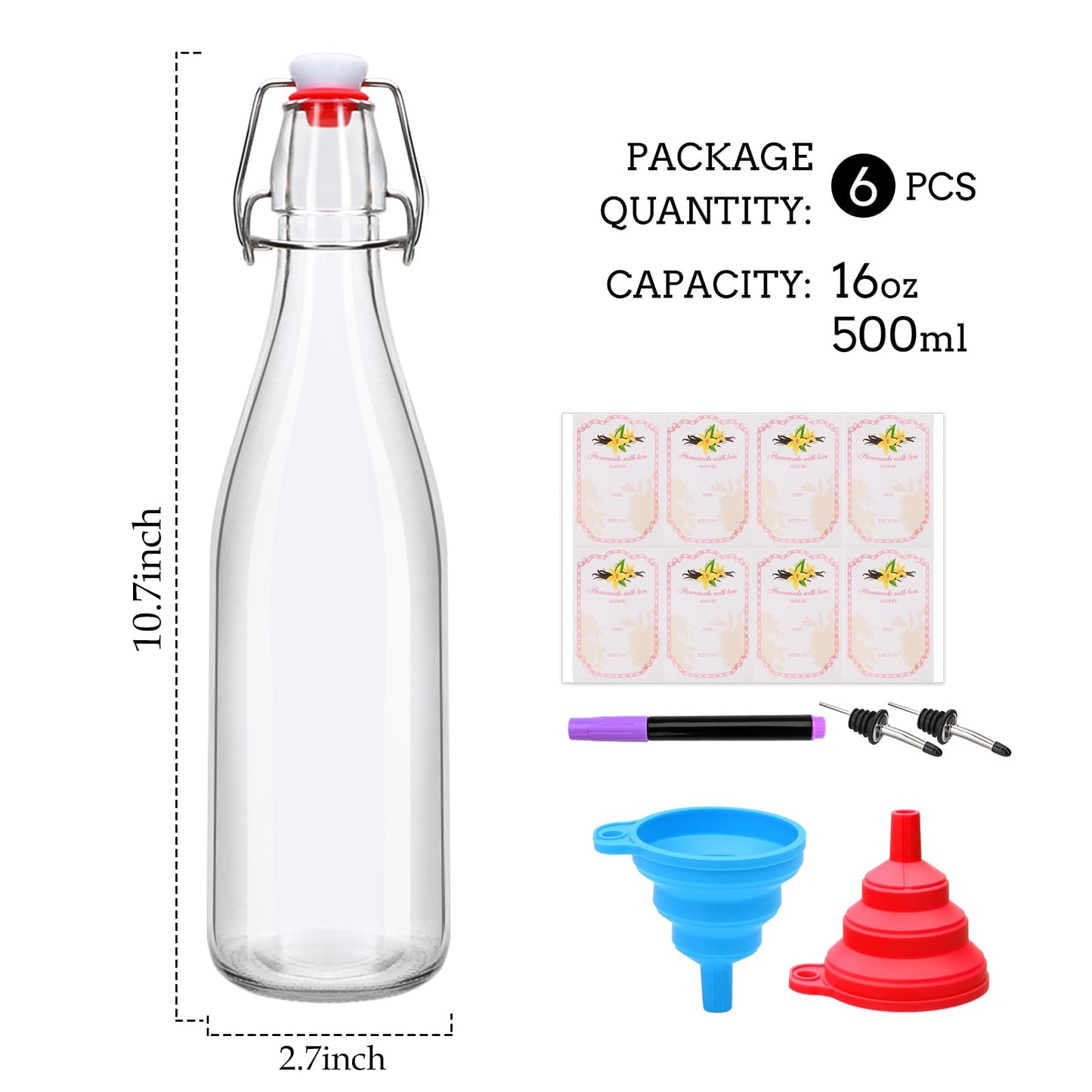 16Oz 6 Pack Swing Top Glass Bottle with Lids,Flip Top Glass Bottle for Fermentation, Beer,Kombucha, Mead, Wine,Vinegar