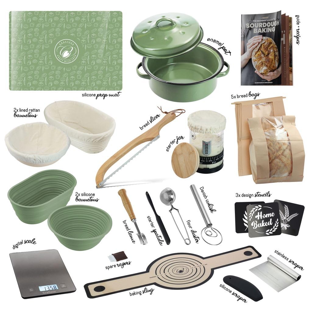 CraftZee All-Inclusive 𝗣𝗥𝗘𝗠𝗜𝗨𝗠 Sourdough Starter Kit with Pot, 34 Oz Starter Jar, 4 Banneton Bread Proofing Baskets, Scraper, Scale, Sourdough Bread Baking Supplies, Beginner Guide & Recipes