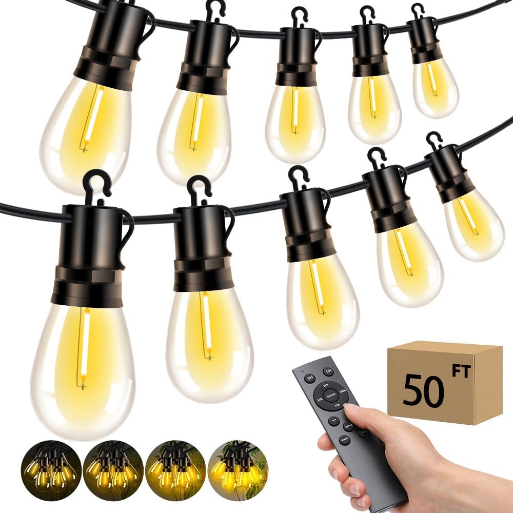 Skiennix Outdoor Patio String Lights - 50Ft Waterproof Shatterproof Bulbs | Remote Dimmable Hanging Lighting