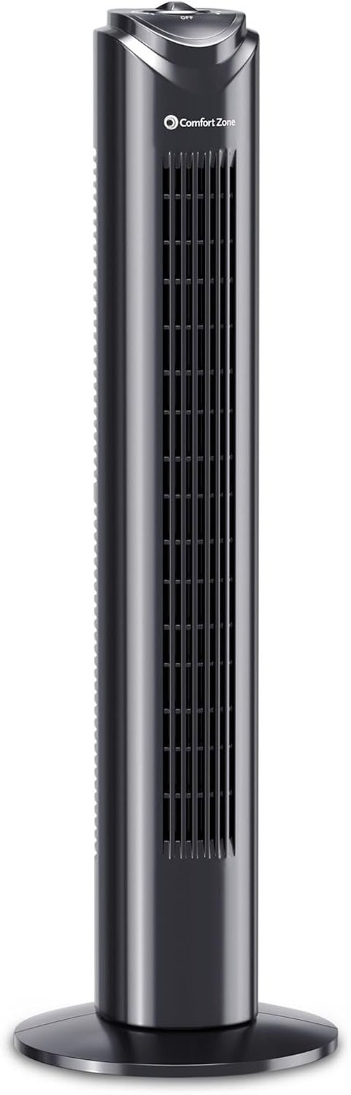 Comfort Zone Oscillating Tower Fan - Ultra-Slim Bladeless Design with 3 Speeds & 90° Oscillation | Quiet Portable Fan for Home or Office, Black