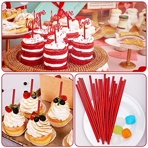100 Pack Red Biodegradable Paper Straws - Disposable Cake Pop Sticks, Foil Straws for Birthday/Baby Shower Wedding Party Supplies Decorations