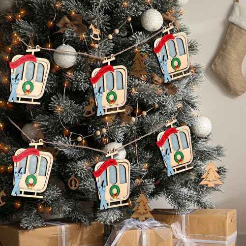 9 Foot Ski Lift Gondola Hanging Christmas Garland with Wooden Ski Ornaments and Cable Car Skier, Perfect for Home Party Decor