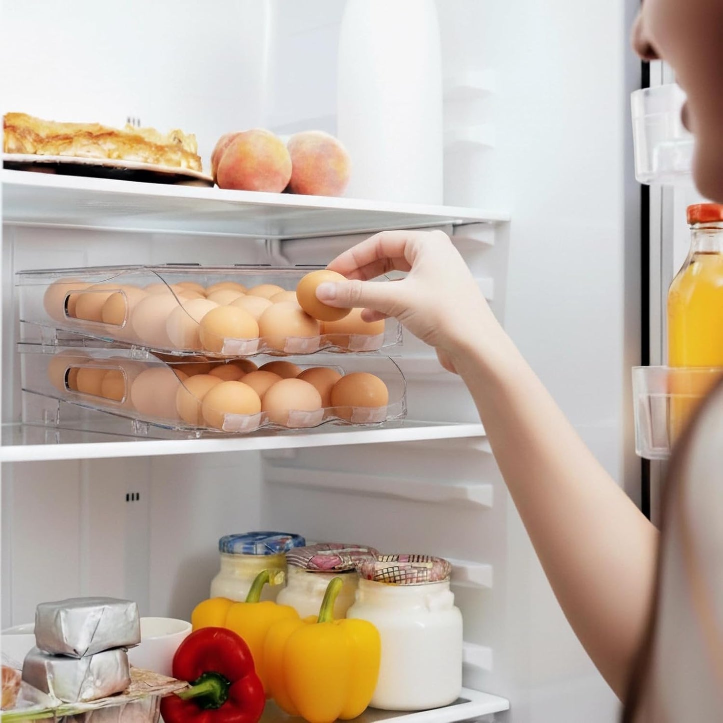 SMRCAD Egg Holder - Automatic Rolling Egg Dispenser with Silicone Bumpers & Lid | Large Capacity for Fridge