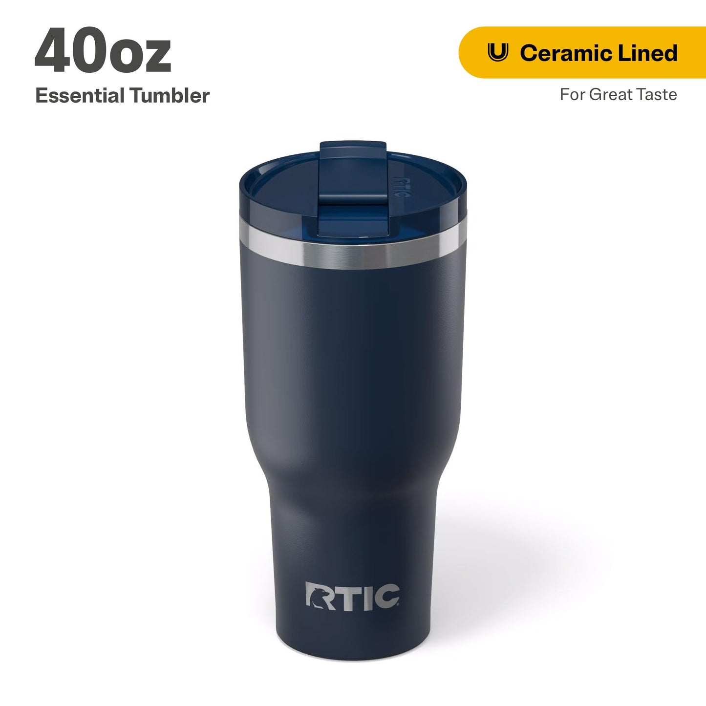 RTIC 40oz Essential Tumbler with Lid, Ceramic Lined, Insulated, Stainless Steel, Metal, Double Wall Vacuum-Insulation, Travel Cup for Iced Coffee, Tea, Hot and Cold Drink, Navy