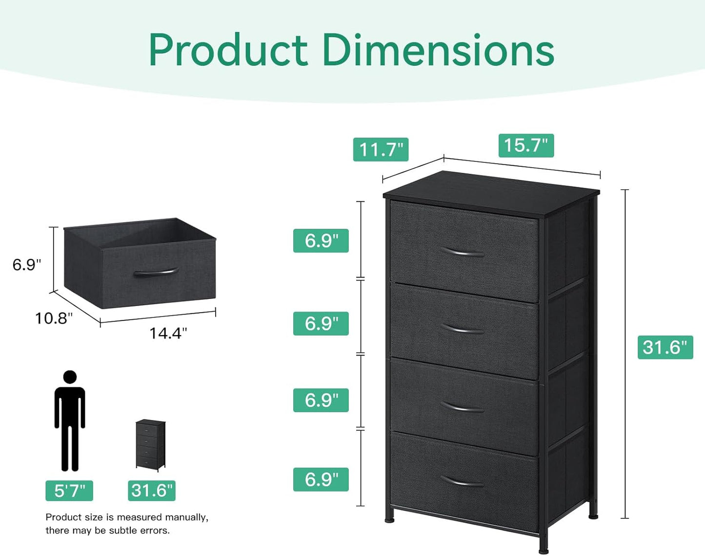 AODK Dresser - 4 Drawer Fabric Chest with Sturdy Steel Frame - Stylish Black Bedroom Storage