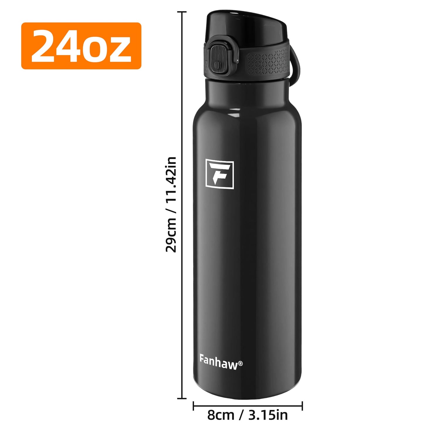 Fanhaw Daylite Series 24 oz Stainless Steel Insulated Water Bottle with Silicone Spout Lid, Double-Wall Vacuum Leakproof Metal Bottle, Anniversary Birthday Gift for Kids, Women & Men (Glossy Black)
