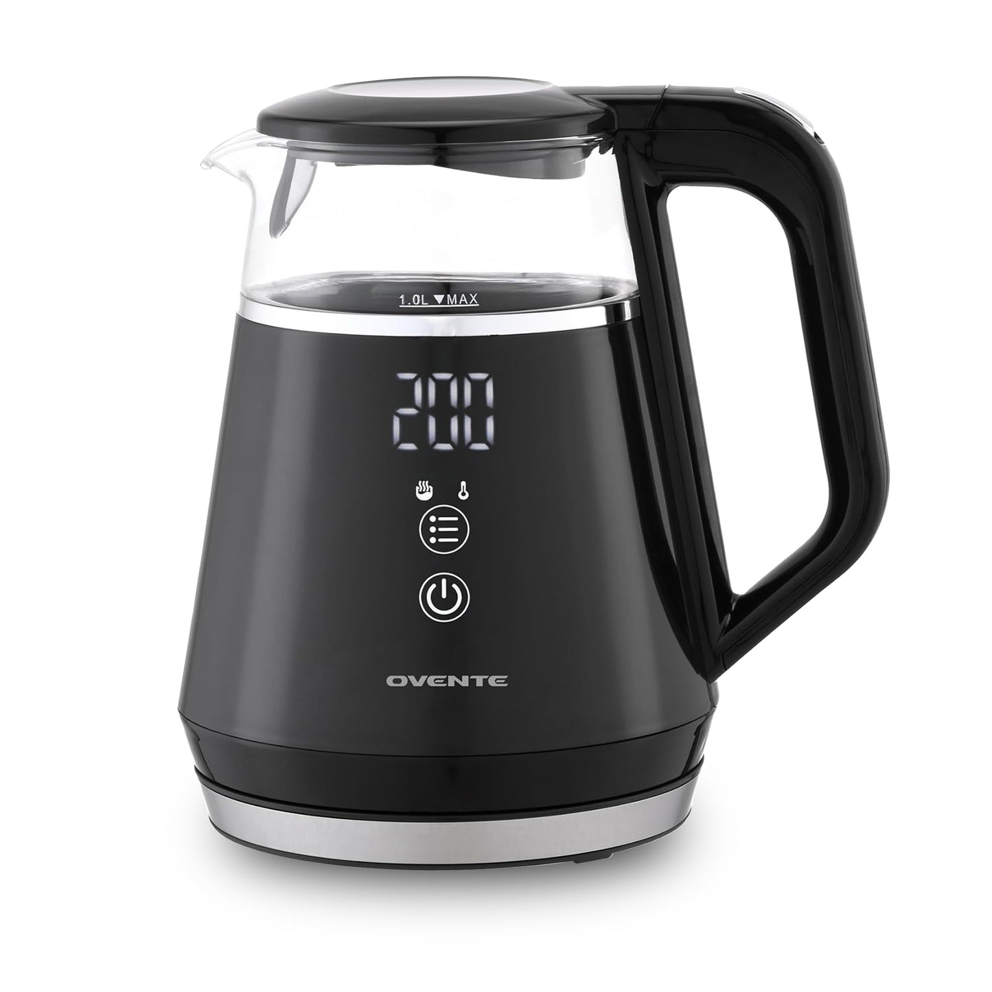 OVENTE 1L Small Electric Kettle with 5 Temperature Preset, Digital Display, 5Hr Keep Warm, Auto Shut-Off, Double-Wall Cool Touch Exterior, Borosilicate Glass,1500W BPA Free Water Boiler, Black KD95B