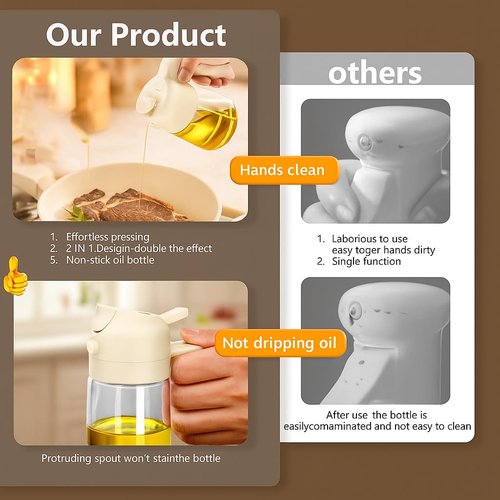 2 in 1 Olive Oil Sprayer & Dispenser Bottle – 470ml/16oz Glass Spray and Pour Oil Bottle for Cooking, Air Fryer, Salad, BBQ – Kitchen Gadgets & Accessories (White)