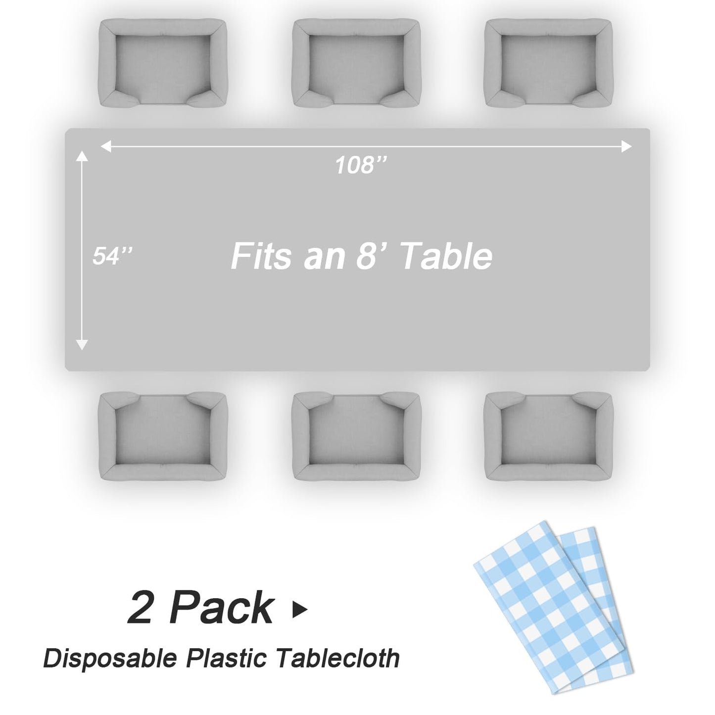 QIKSION Light Blue Gingham Tablecloth Disposable 2 Pack, 54 x 108 Inch Blue and White Checkered Table Cloth for Baby Shower, Easter Decorations, Birthday Party, Rectangle, Plastic Table Cover