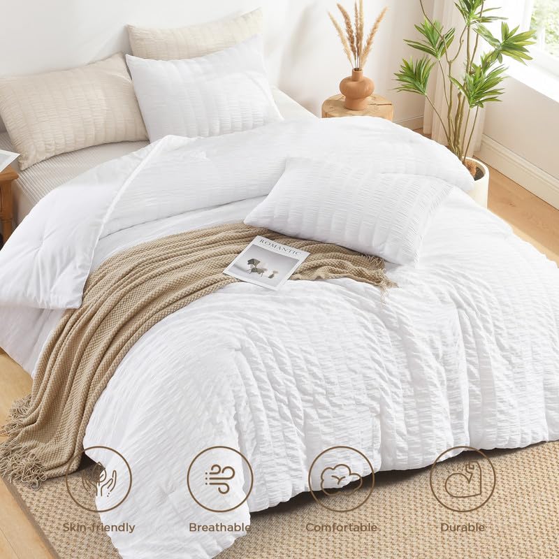 AveLom White Queen Seersucker Comforter Set 90x90 Inches 3 Pieces - Lightweight All-Season Microfiber Bedding