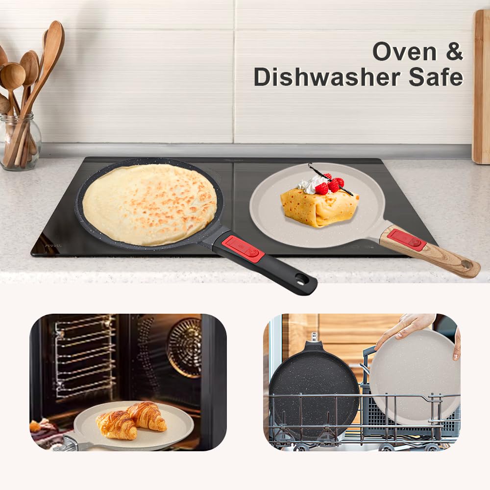 RANX INGST Non Stick Crepe Pan with Detachable Handle, 10 Inch Cast Aluminium Dosa Tawa Tortilla Pan, Pancake Pan Induction Compatible - Black