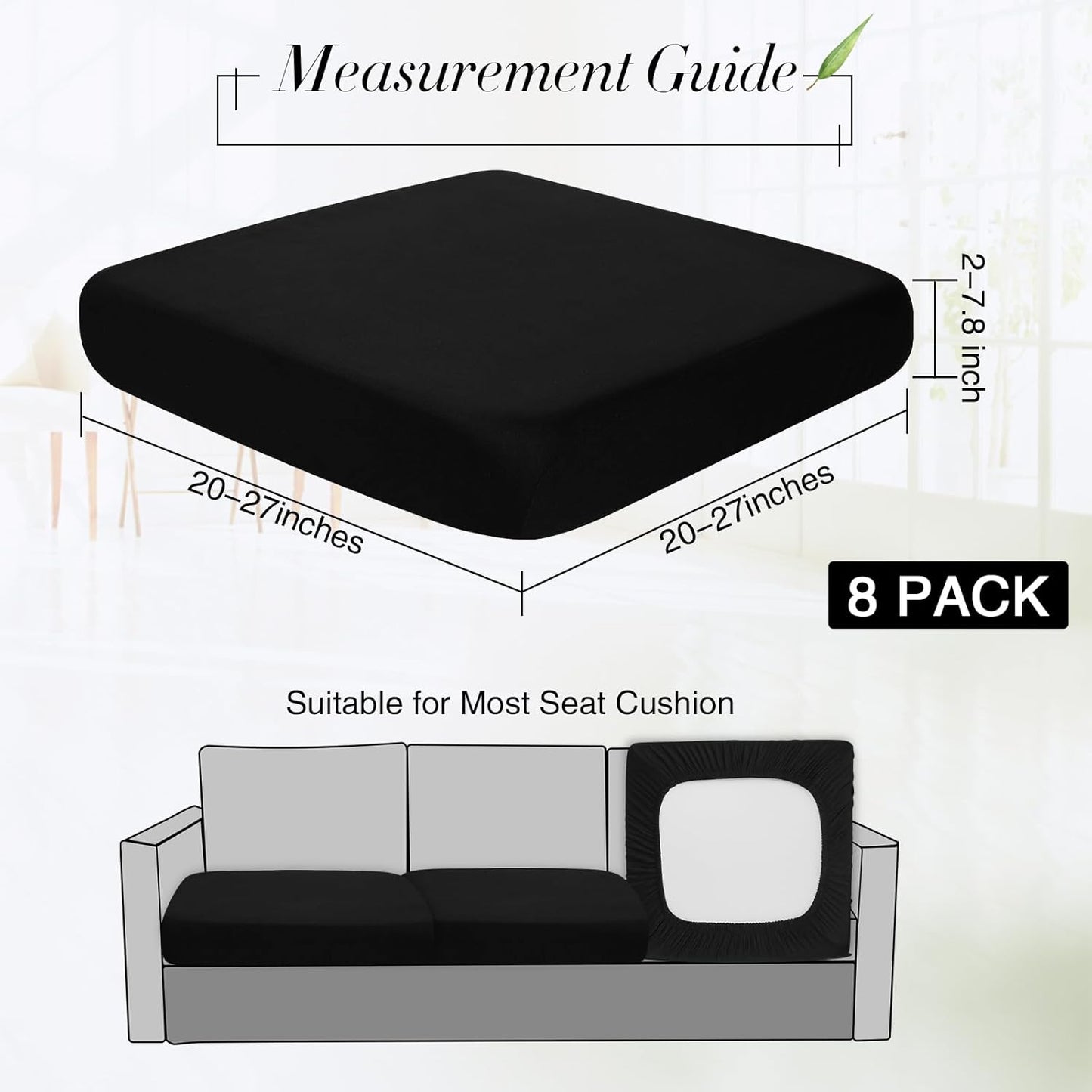Newwiee 8Pcs Patio Cushion Covers - Waterproof Black Stretch Slipcovers for Outdoor Furniture