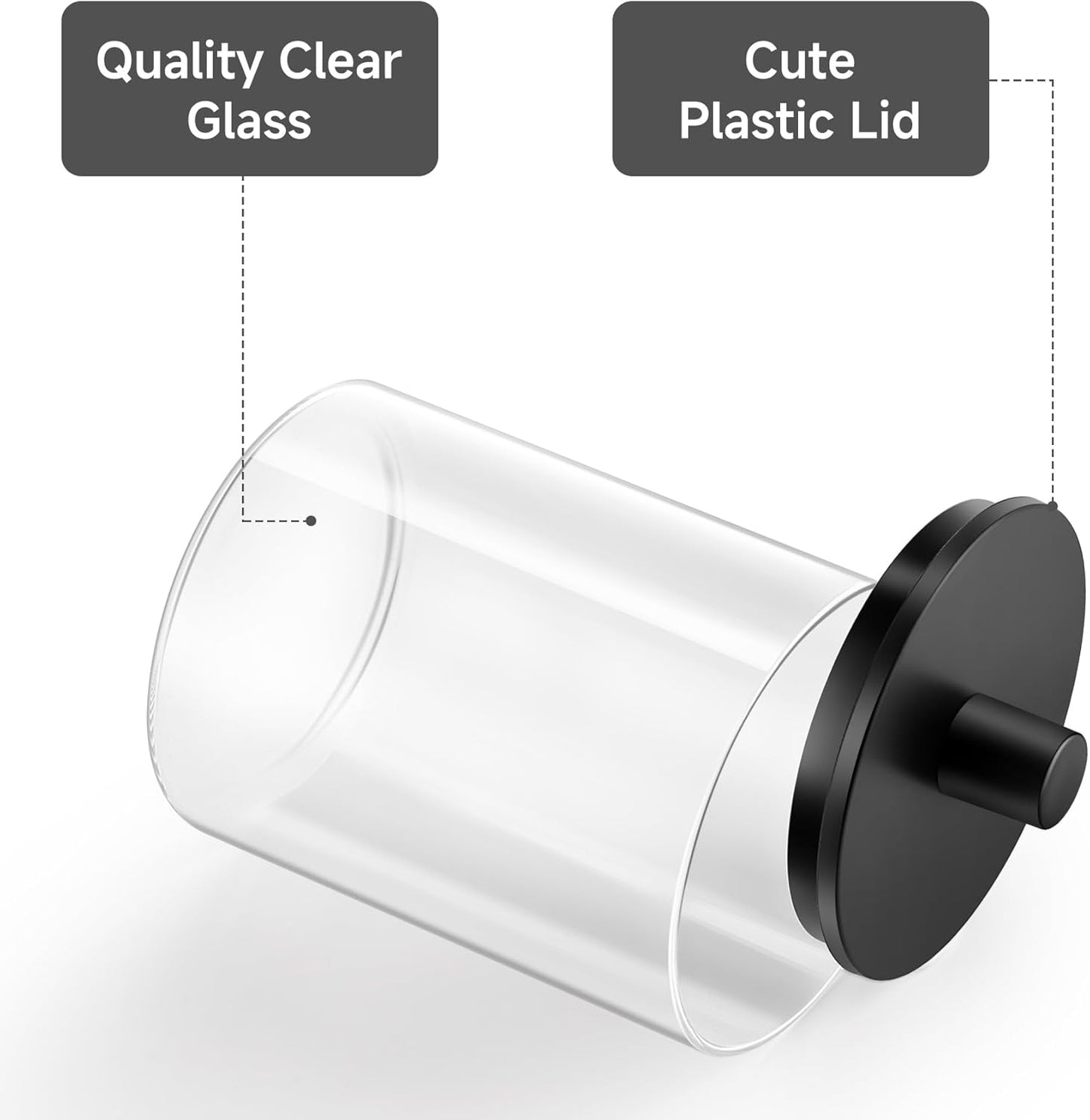 TIPGO Glass Qtip Holder Dispenser - 10 oz Clear Apothecary Jar for Cotton Swabs & Makeup Storage | 2 Pack, Black