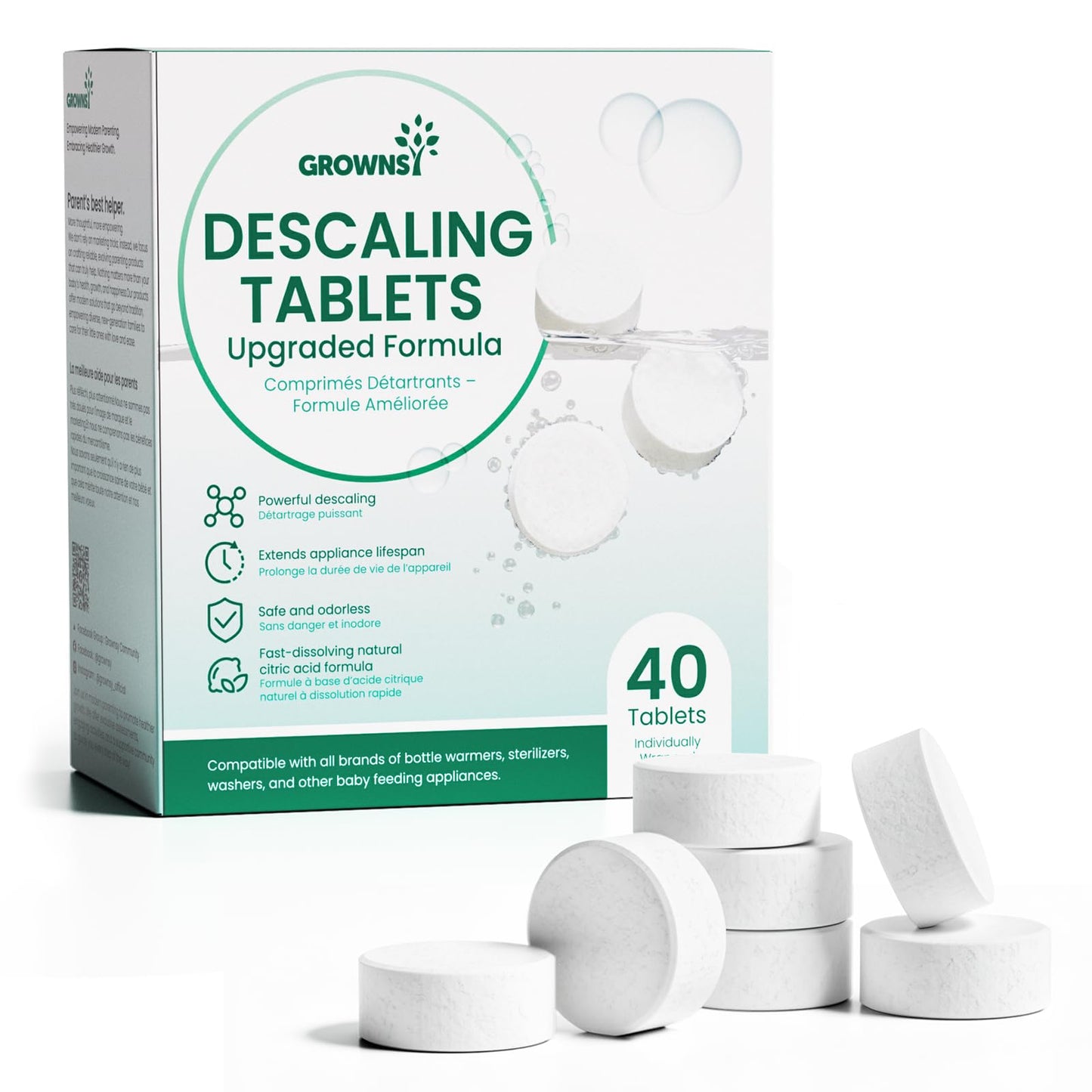 GROWNSY Descaling Agent Descaling Tablets for Bottle Warmer & Sterilizer, Daily Essential Descaler, Cleaner for Baby Food Makers, Deep Limescale & Odor Removal, Performance Care, 40 Count for Regular
