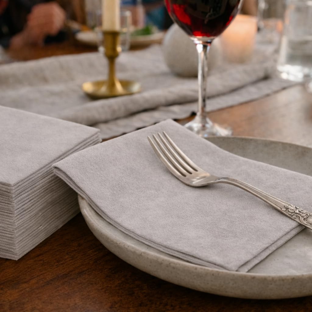 Made in Italy Luxury Airlaid Linen-Feel Disposable Napkins – Soft, Absorbent, Cloth-Like Dinner Napkins in an Elegant Pearl Suede-Like Design for Parties, Weddings & Upscale Events