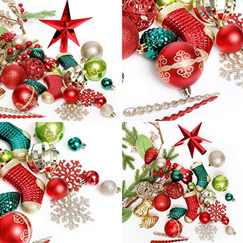 Christmas Tree Ornaments Set 132pcs Red Green Gold Festive Decorations - Roseleaf