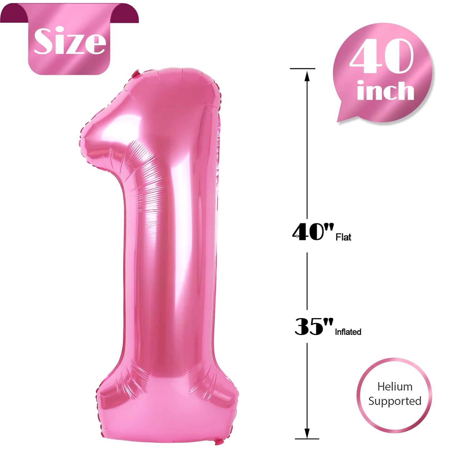 40 Inch Pink 1 Balloon for First Birthday, 1st Number Balloons Birthday Decorations for Girl Kids Toddler Baby, One Giant Number 1 Balloon