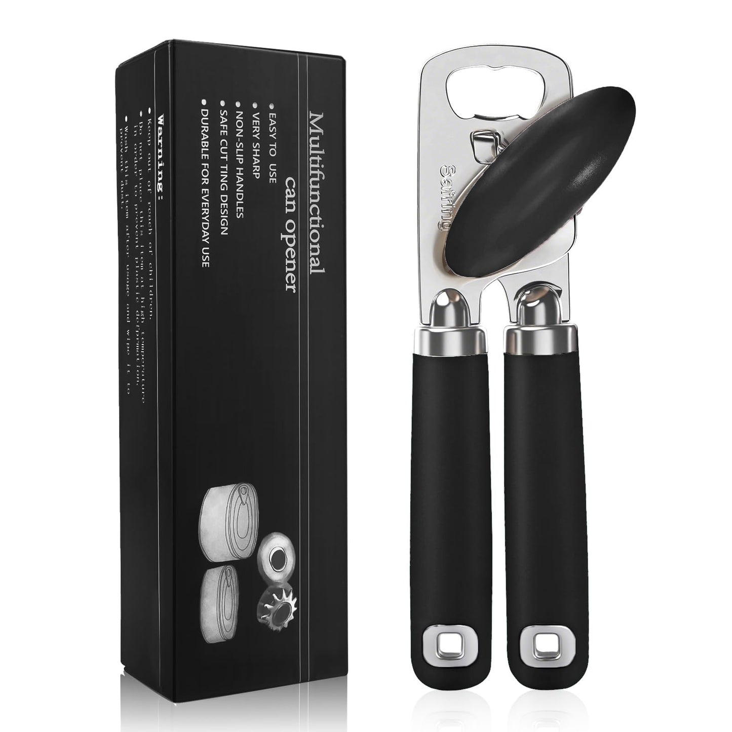 Safring Can Opener Manual, Heavy Duty Stainless Steel Smooth Edge Can Openers With Soft Touch Handle, Oversized Handheld Easy Turn Knob, Multi-Function Bottle Opener, Black