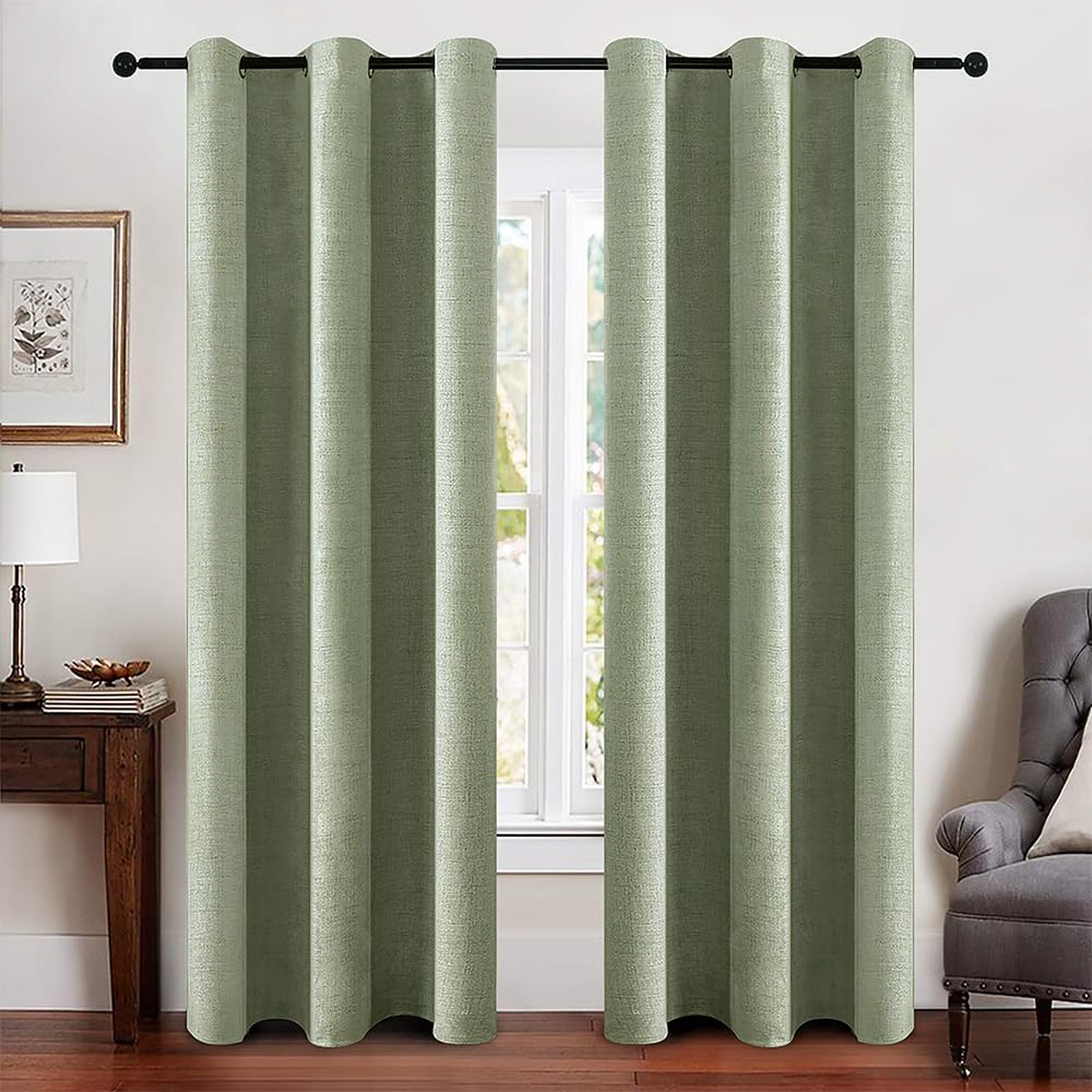 MIULEE Linen Blackout Curtains - 100% Room Darkening Thermal Insulated Grommet Panels | Sage Green, 42" x 90" (2 PCs)