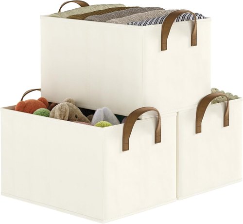 Fabric Closet Organizers by Closet Storage Bins - Collapsible Shelf Baskets for Bedroom - Beige, 3 Pack