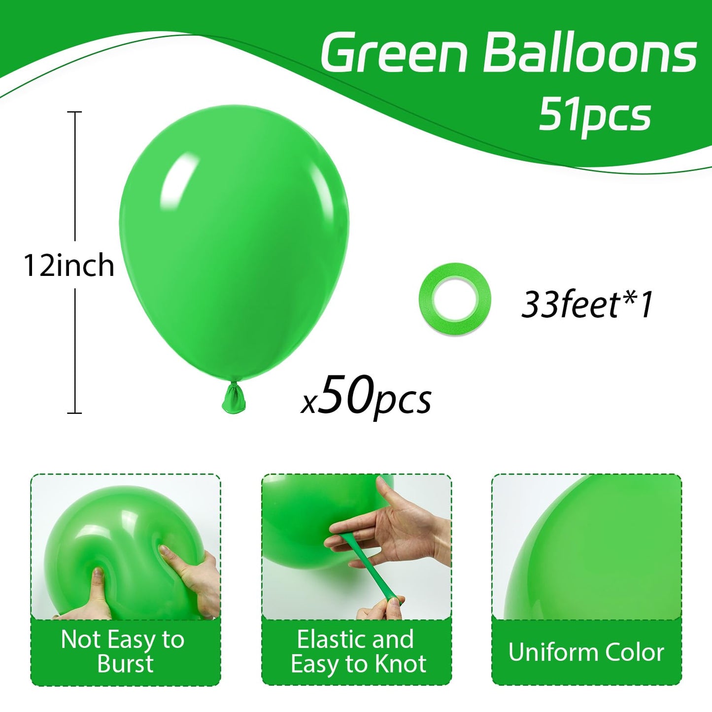Awenztech Green Balloons 12 inch, Green Latex Balloons 50pcs Party Balloons for Birthday Christmas Baby Shower Jungle Football Tropical Safari Party Decorations