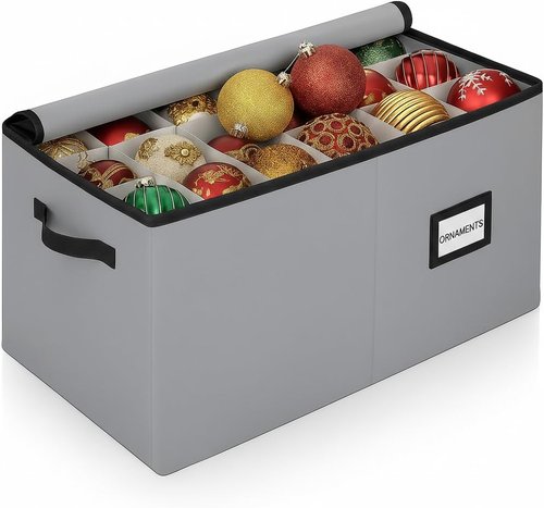Christmas Ornament Storage Container | Large Organizer Bin with Dividers - Stores Up to 54 Ornaments, Adjustable, Grey