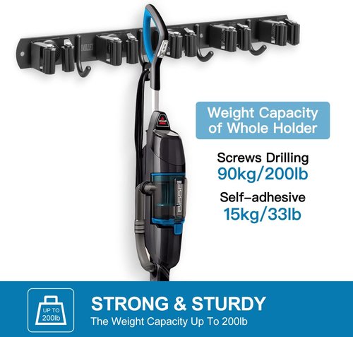 IMILLET Wall-Mounted Broom and Mop Holder - Heavy-Duty Stainless Steel Organizer with 5 Racks & 4 Hooks