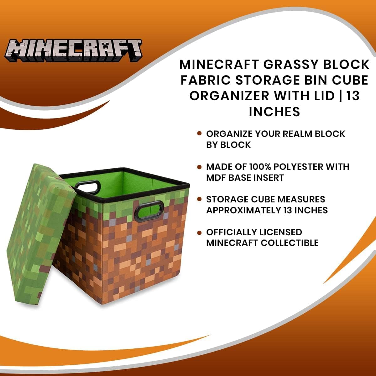 Minecraft Grassy Block Storage Bin - 13-Inch Foldable Fabric Basket with Lid | Cube Organizer for Shelves & Closet