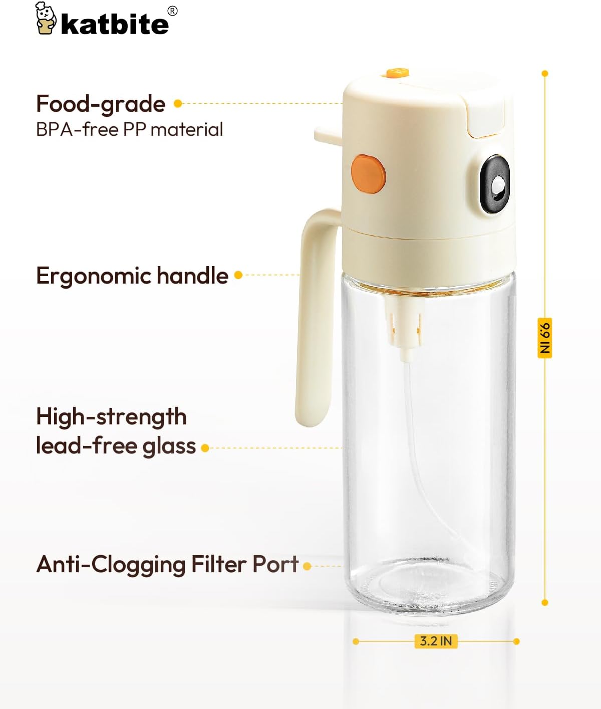 Katbite Olive Oil Dispenser Bottle - 2-in-1 Glass Oil Bottle & Sprayer | Non-Drip Leak-Proof Design, 18.6 oz, Cream White