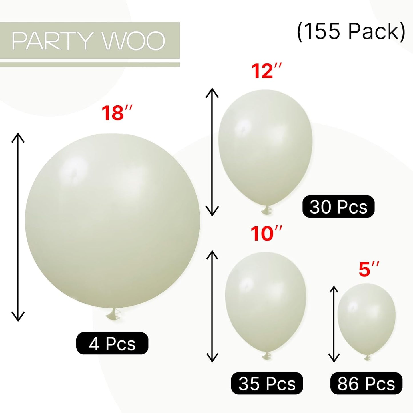 PartyWoo Sage Green Balloons - 155-Piece Latex Balloon Arch Kit for Weddings & Birthdays | Various Sizes 5-18 Inch