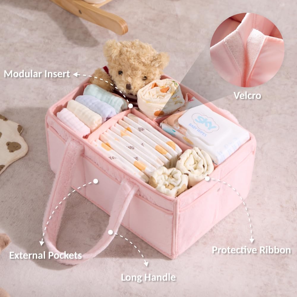 Skiennix Soft Baby Diaper Caddy Organizer - Portable Nursery Storage Basket with Removable Divider | Light Pink