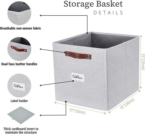 DECOMOMO Storage Baskets - 13x15x13 Cube Bins with Labels for Organized Shelves | 4-Pack, Light Grey