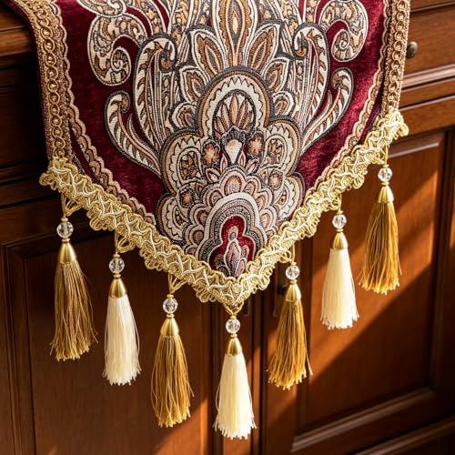 Christmas Burgundy Paisley Jacquard Table Runner 14x63 Inch with Tassels