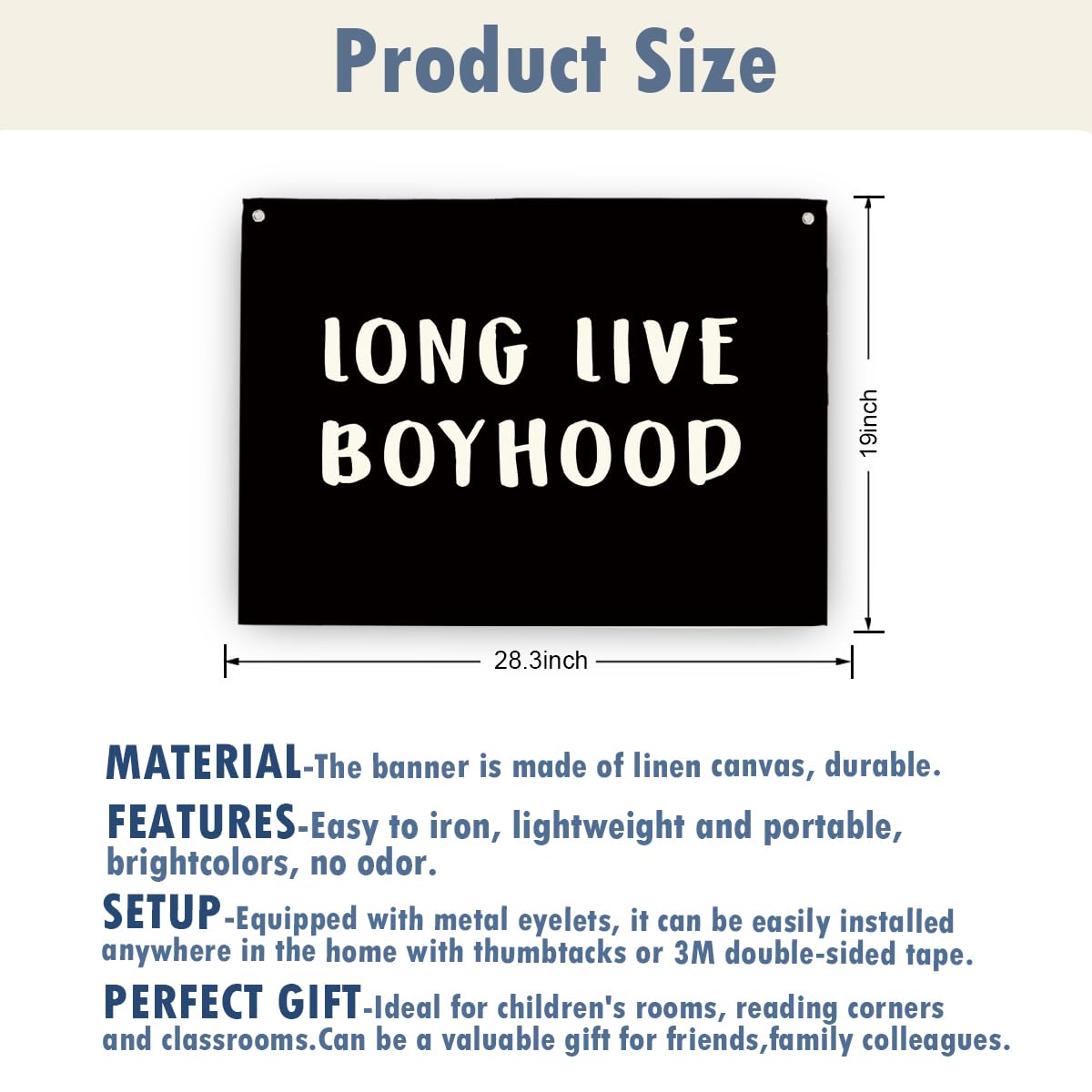 Geondos Boys Room Decor, Long Live Boyhood Wall Decor, Canvas Hanging Banner, Canvas Banner, Wall Hanging Flag Sign for Nursery Playroom Toddler Boys Kids Room 28.4×19.7 Inches
