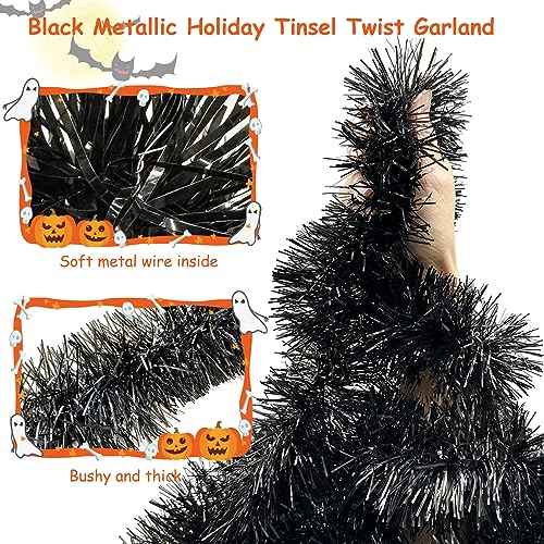 Apragaz 19.68Feet Black Garland - Sparkle Halloween Tinsel Garland for Holiday Tree, Table, Door, Wall, Rail, Fireplace, Parade Floats - Halloween Garland for Indoor & Outdoor Home Party Decoration