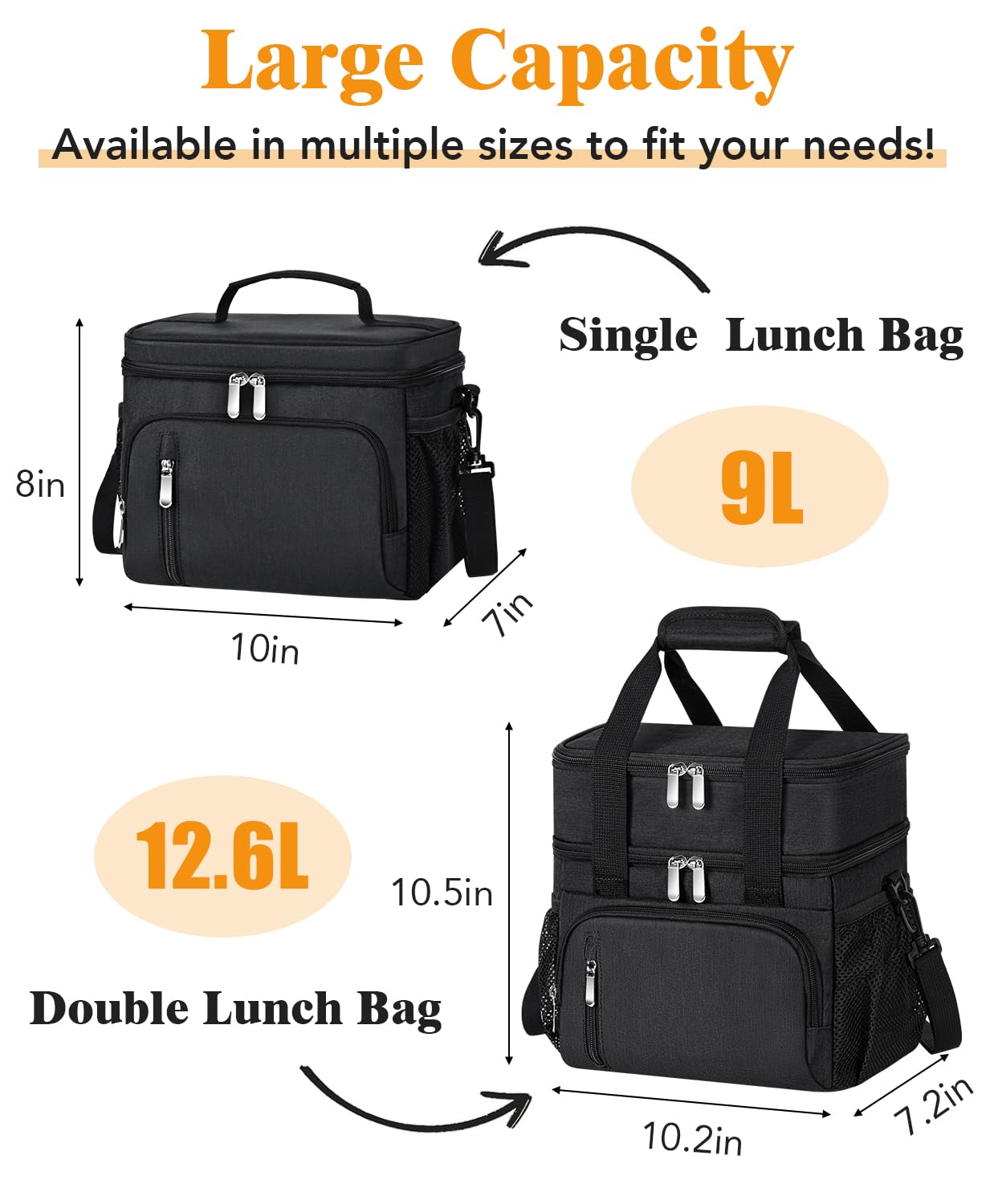 MIAOJIE Insulated Lunch Bag for Men & Women, 9L Leakproof Lunch Box Soft Cooler Tote with 5 Pockets, 600D Oxford, EVA Lining, Adjustable Strap for Work, Picnic, Beach&Travel-Black