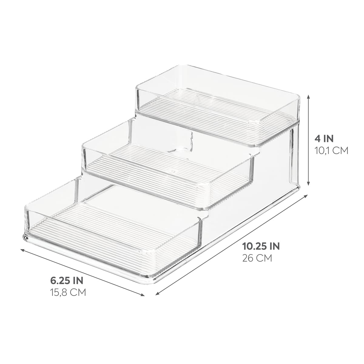 iDesign Recycled Plastic 3-Tier Stadium Spice Rack Organizer for Kitchen, Fridge, Freezer, Pantry and Cabinet Organization, The Linus Collection – 14" x 10" x 4", Clear