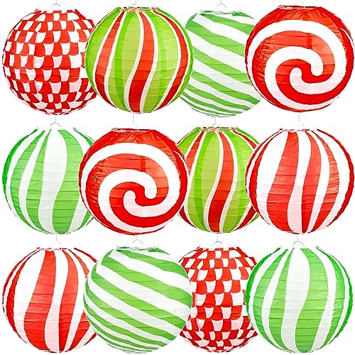 Panelee 12-Pack Christmas Peppermint Paper Lanterns 8 Inch Holiday Decor