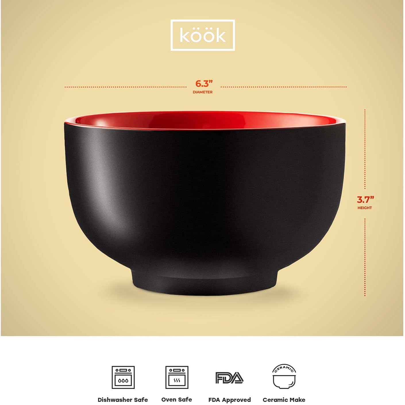 KooK Ramen Bowl - Large Ceramic Noodle Bowl Set | 34 oz Capacity, Microwave & Dishwasher Safe, Black/Red - Set of 4