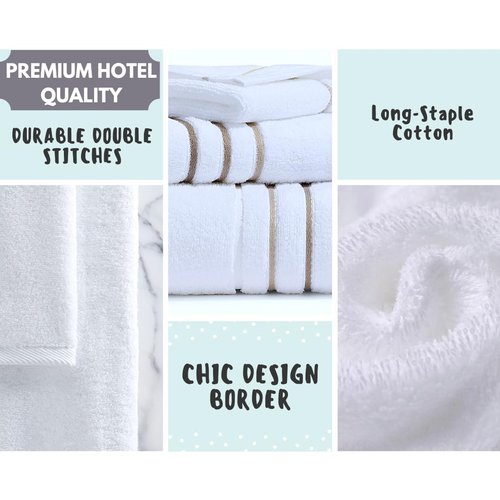 Bath Towel Set_White Towel For Bathroom, Luxury Hotel &Spa Quality, 100% Cotton .Includes 2 Large Bath Towels, 2 Hand Towels and 2 Washcloths.Super Soft, Absorbent & Decorative (White /Taupe Brown)