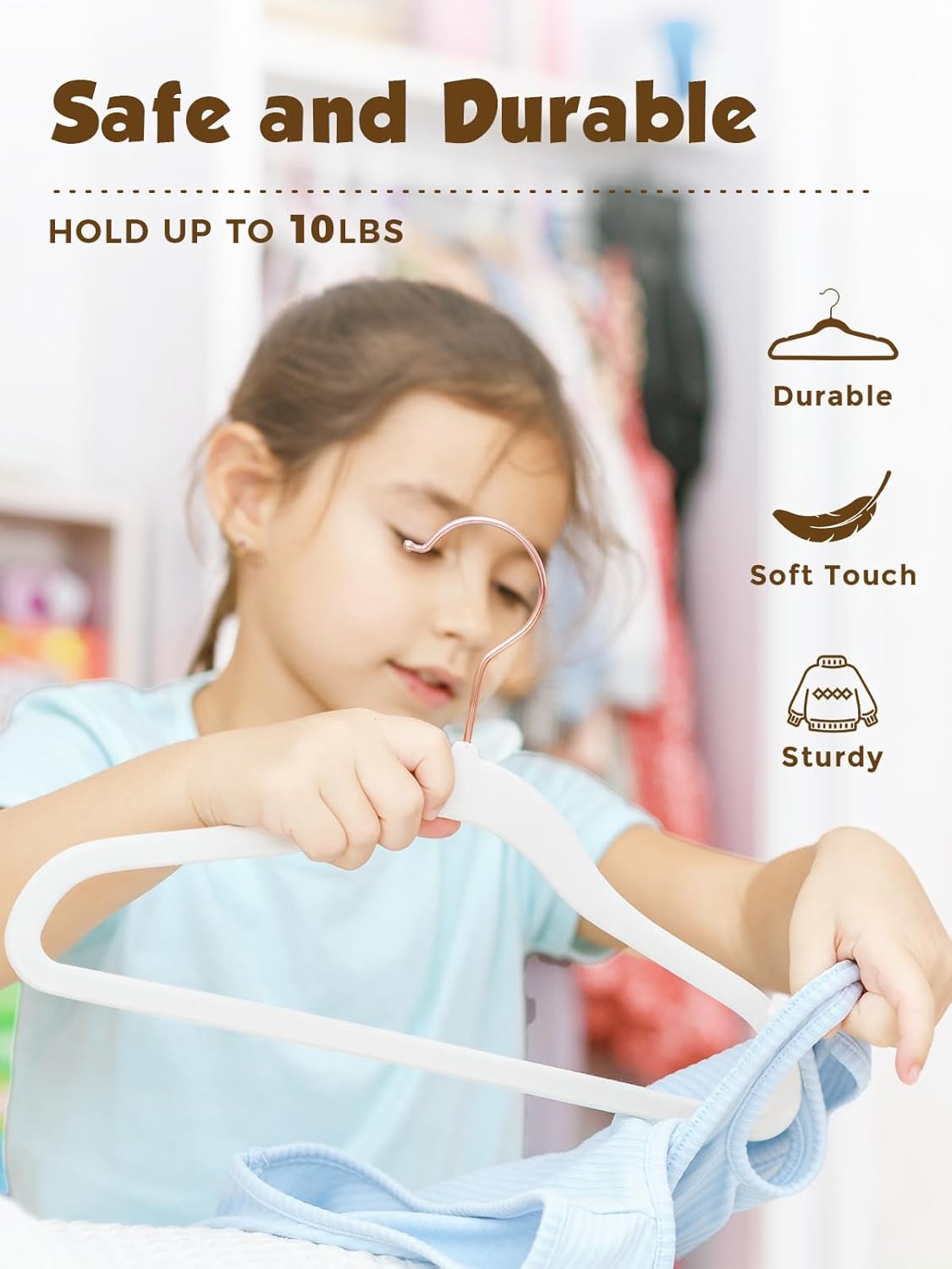 Smartor Kids Velvet Hangers - 50 Pack Premium Non-Slip Felt Hangers for Toddler Clothes | 14 Inch White with Rose Gold Hook