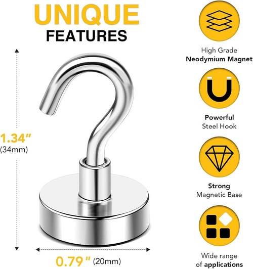 DIYMAG Magnetic Hooks - 50lbs Heavy Duty N52 Rare Earth Magnets for Home & Travel | 6 Pack