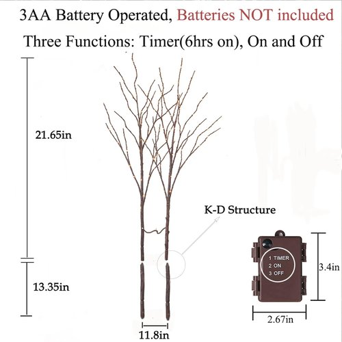 Hairui Lighted Brown Branches - Battery Operated 100 LED Fairy Lights with Timer | 30-Inch Willow Branches for Holiday Home Decor