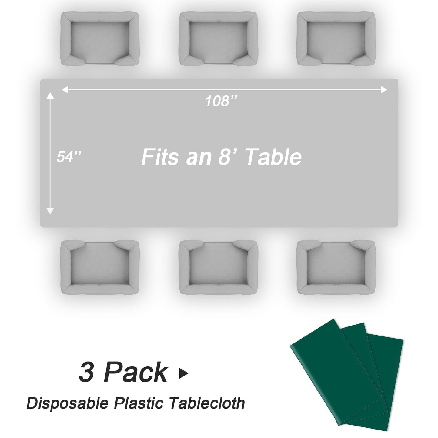 QIKSION Dark Green Plastic Table Cloth Disposable 3 Pack, 54 x 108 Inch Tablecloths for Party, Christmas Decorations, Rectangle Table Cover