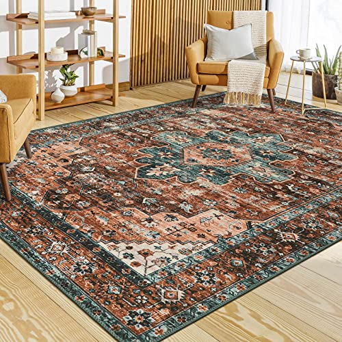 Ultra-Thin Vintage Area Rug 6x9 Brick Red Non-Slip Washable Living Room Carpet