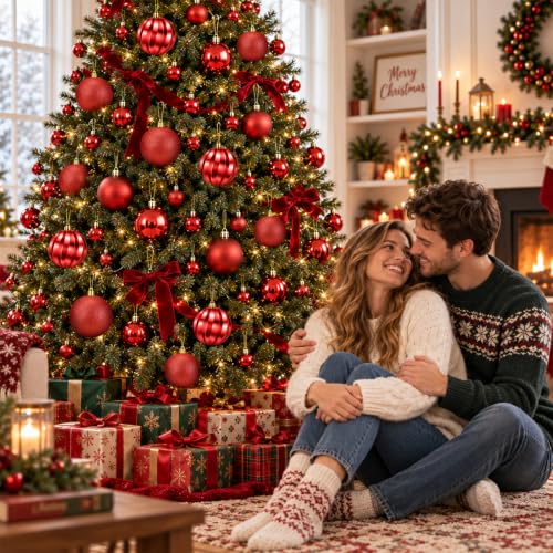 54pcs Red Christmas Ball Ornaments Set - Shatterproof, 3 Sizes, Assorted Finishes