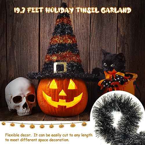 Apragaz 19.68Feet Black Garland - Sparkle Halloween Tinsel Garland for Holiday Tree, Table, Door, Wall, Rail, Fireplace, Parade Floats - Halloween Garland for Indoor & Outdoor Home Party Decoration