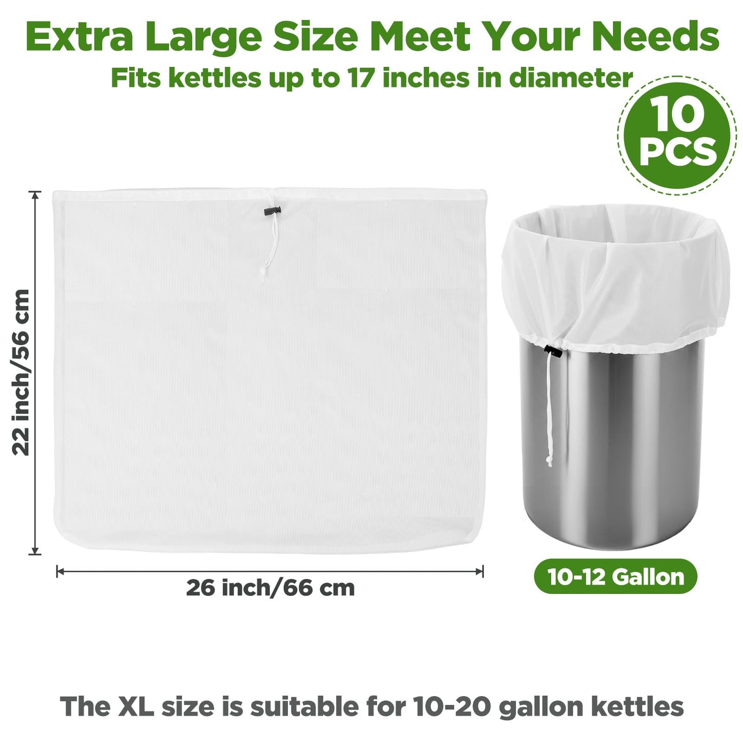 PercyEffie 10 Pack Brew Bags, Extra Large26" x 22" Fine Mesh Strainer Bagfor Homebrewing, Reusable Drawstring Straining Brewer Cheese Cloth Bag, Fine Mesh Bag for Hops Grains Fruit Cider