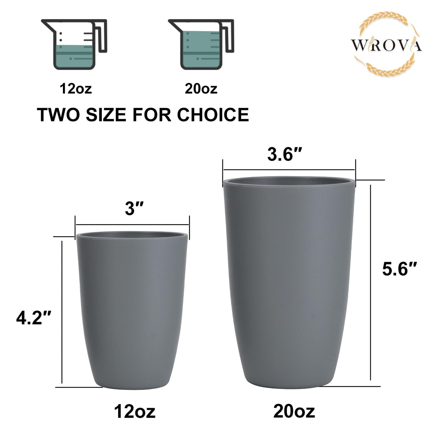 Wrova Wheat Straw Cups 8 PCS Good Alternative to Plastic Reusable Cups 12 oz Unbreakable Drinking Cup Reusable Dishwasher Safe Water Plastic Glasses Grey