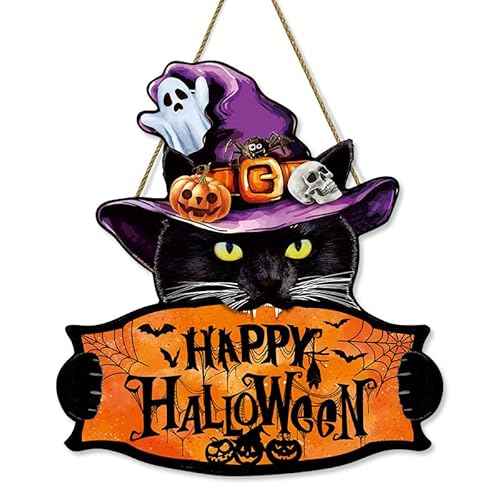 Halloween Welcome Sign Hanging Wood Decor- Halloween Door Sign with Black Cat, Witch Hat, Ghost and Pumpkins, Indoor Outdoor Hanging Decor for Holiday Welcome